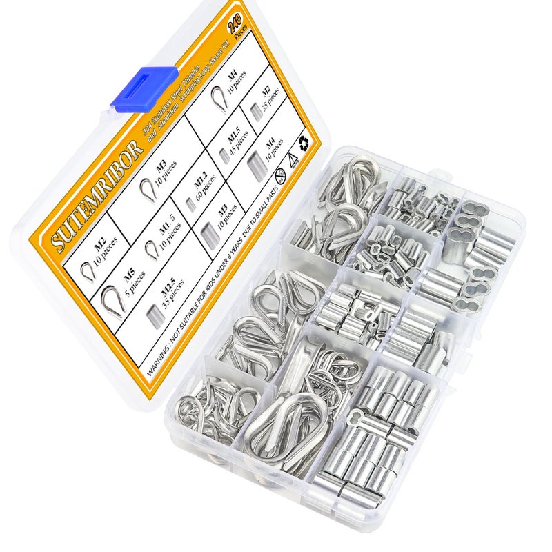 Sutemribor 304 Stainless Steel Wire Rope Cable Thimbles and 6 Sizes Aluminum Crimping Loop Sleeve Assortment Kit  240PCS - Image 2